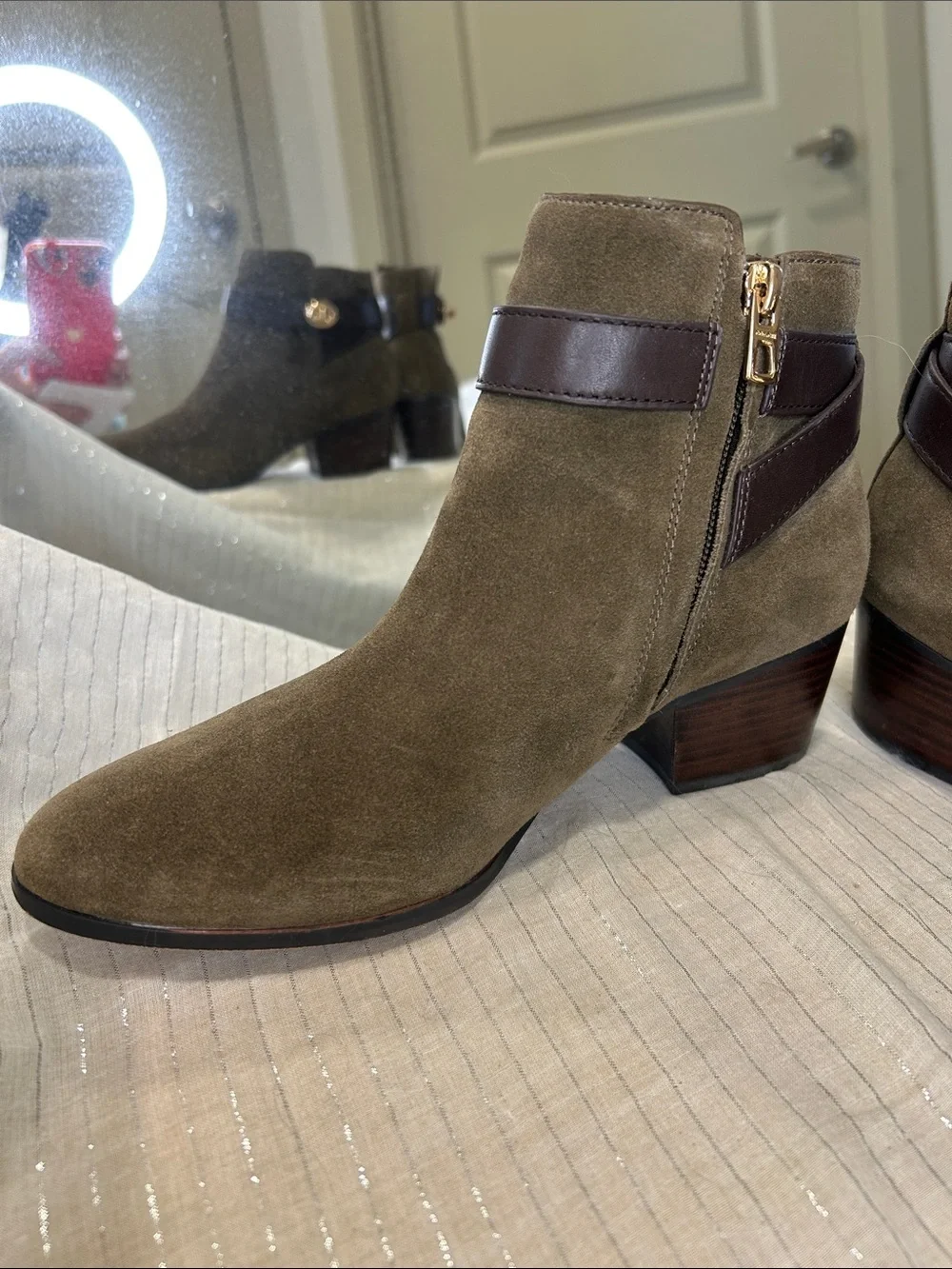 Coach Patricia Suede Ankle Booties – Fatigue Green / Chestnut